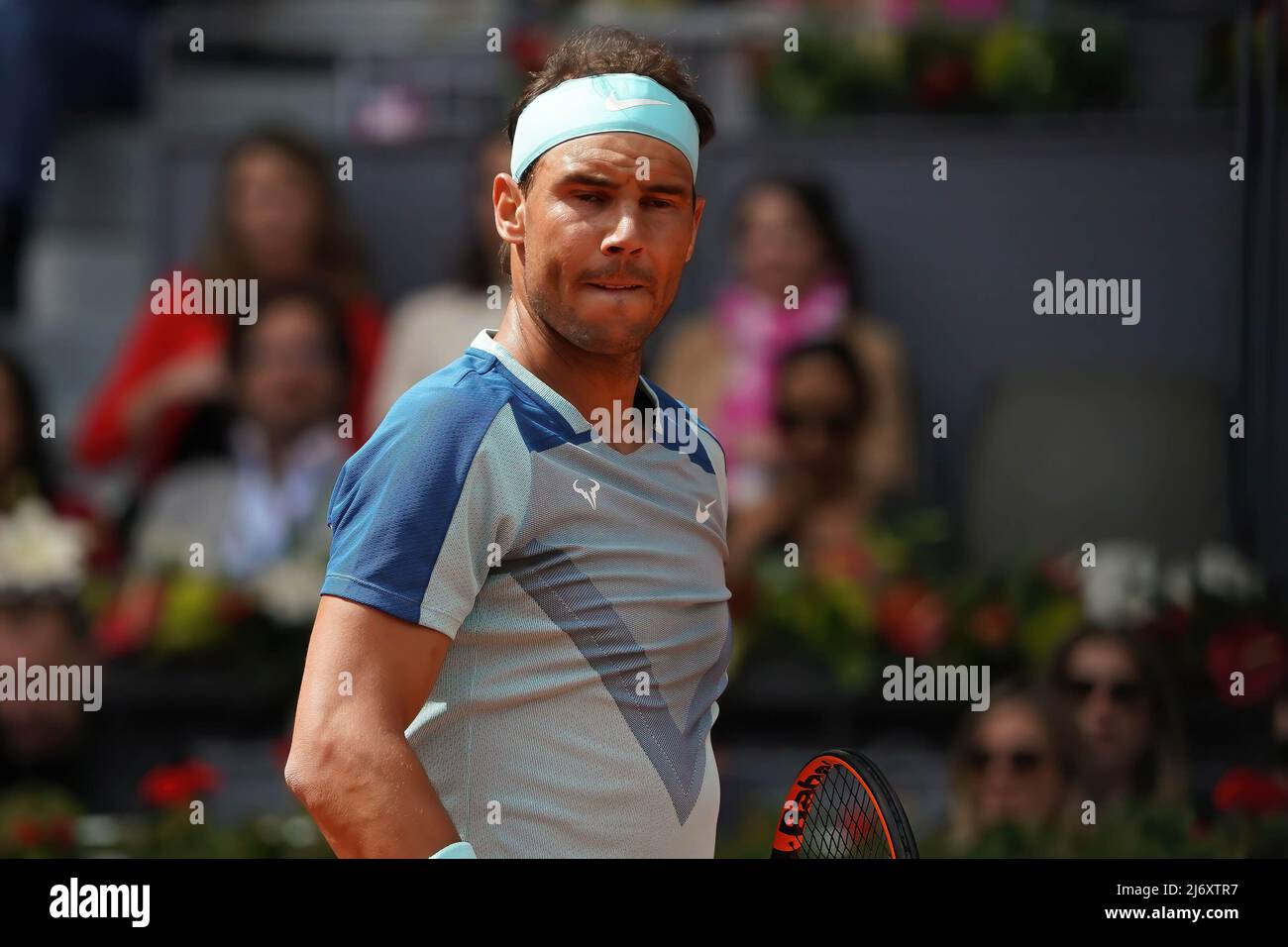 Rafael Nadal of Spain plays in their second round match against Miomir Kecmanovic of Serbia on day seven of Mutua Madrid Open at La Caja Magica in Madrid