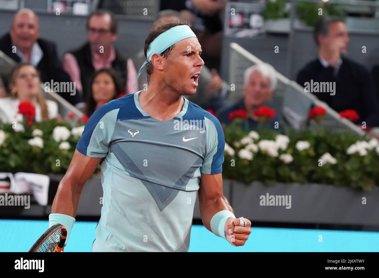 Rafael Nadal of Spain celebrates victory after their second round match against Miomir Kecmanovic of Serbia on day seven of Mutua Madrid Open at La Caja Magica in Madrid.Rafael Nadal beats Miomir
