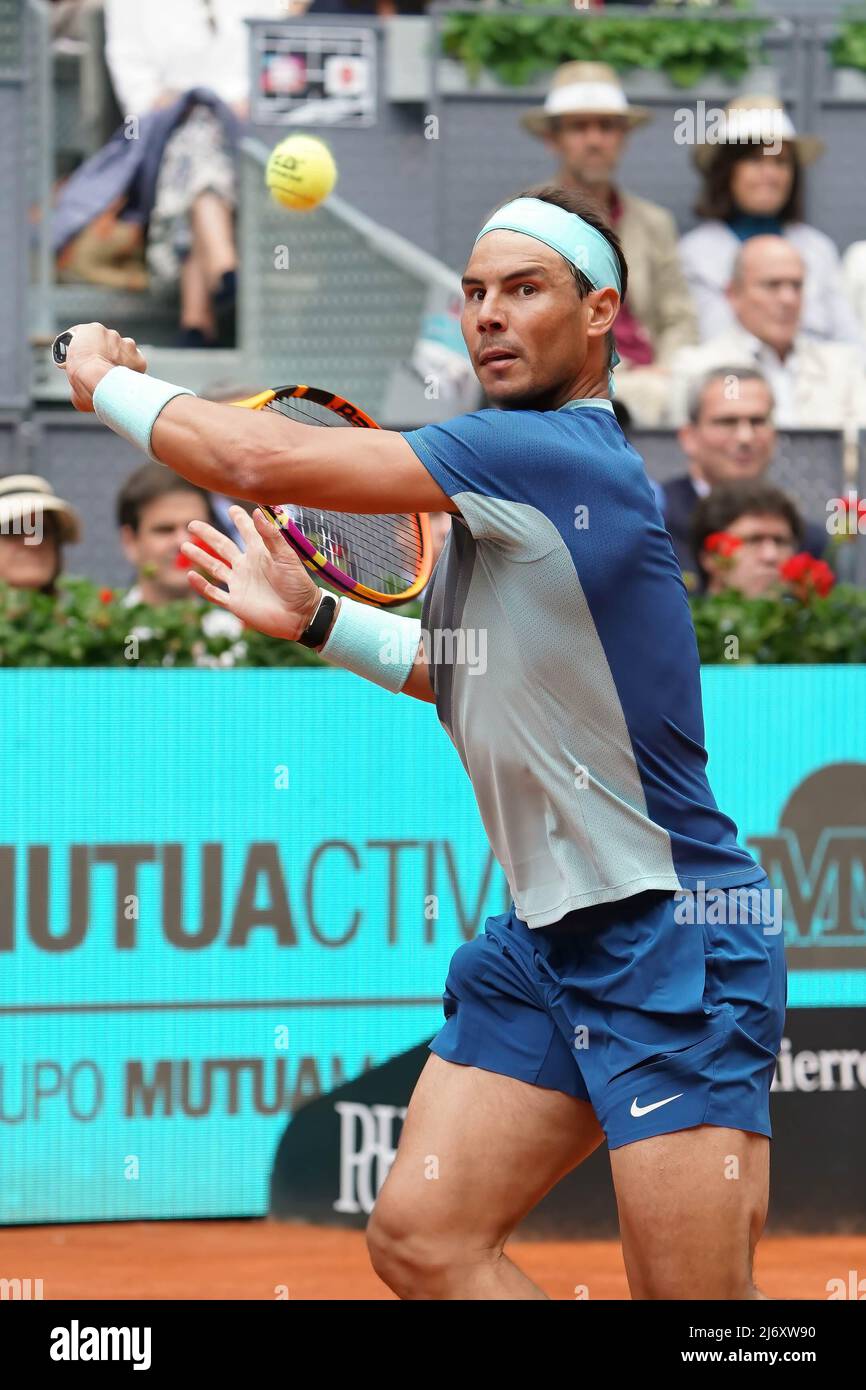 Rafael Nadal of Spain plays in their second round match against Miomir Kecmanovic of Serbia on day seven of Mutua Madrid Open at La Caja Magica in Madrid