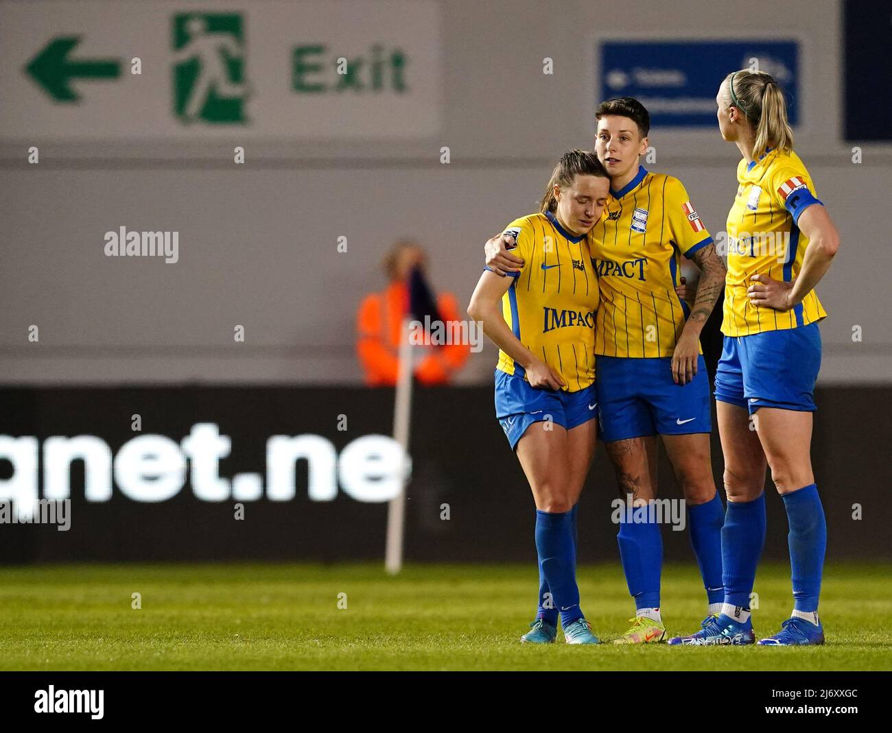 Birmingham City's Harriet Scott (left), Sarah Ewens (centre) and Louise Quinn appear dejected as relegation is confirmed after during the Barclays FA Women's Super League match at the City Football Academy, Manchester. Picture date: Wednesday May 4, 2022. Stock Photo