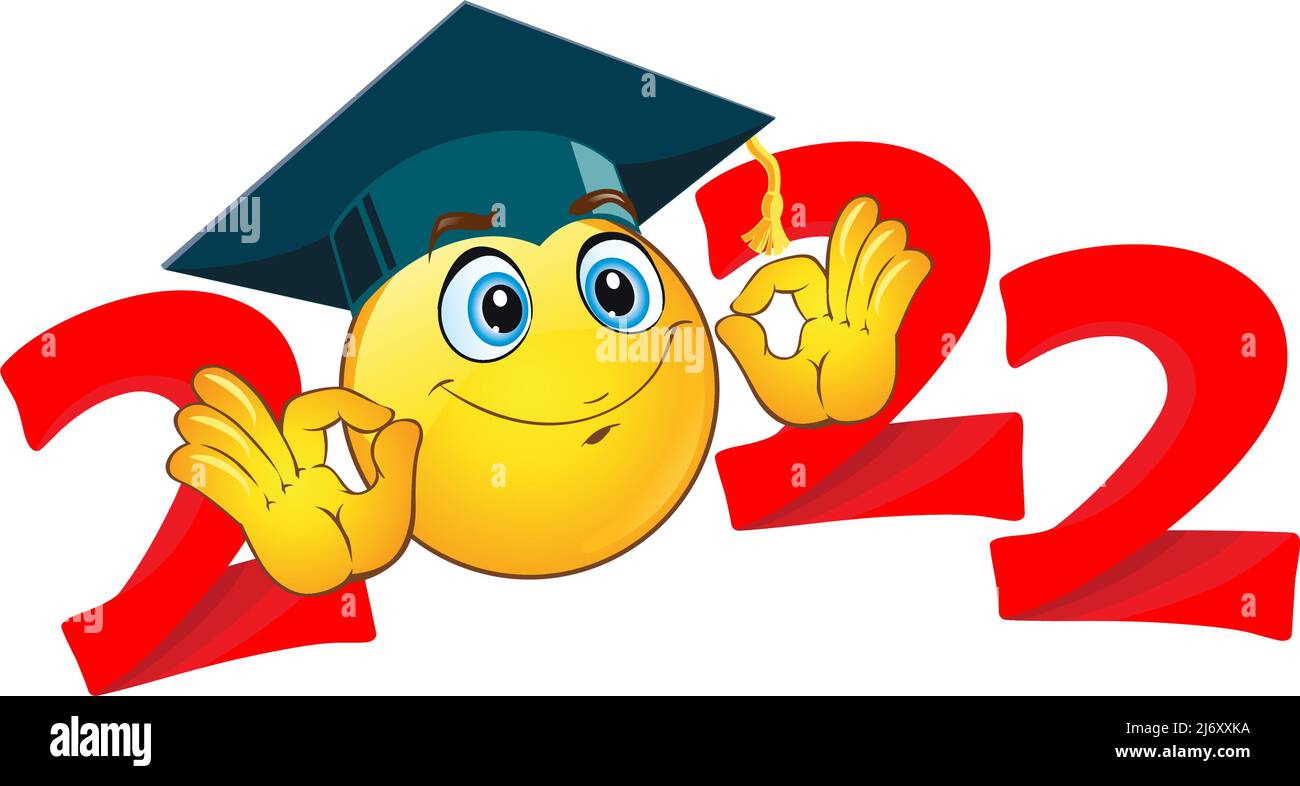 2022  emoji smile in graduation cap. Template for greeting, invitation card graduation party.  Vector on transparent  background Stock Vector