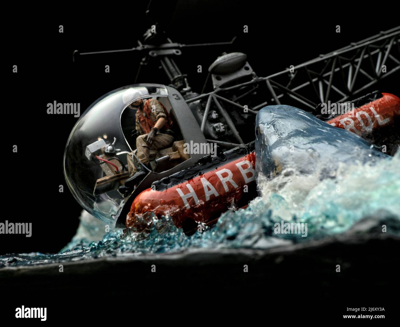 Jaws 2 attack against helicopter, copter, shark, diorama, movie, making of Stock Photo