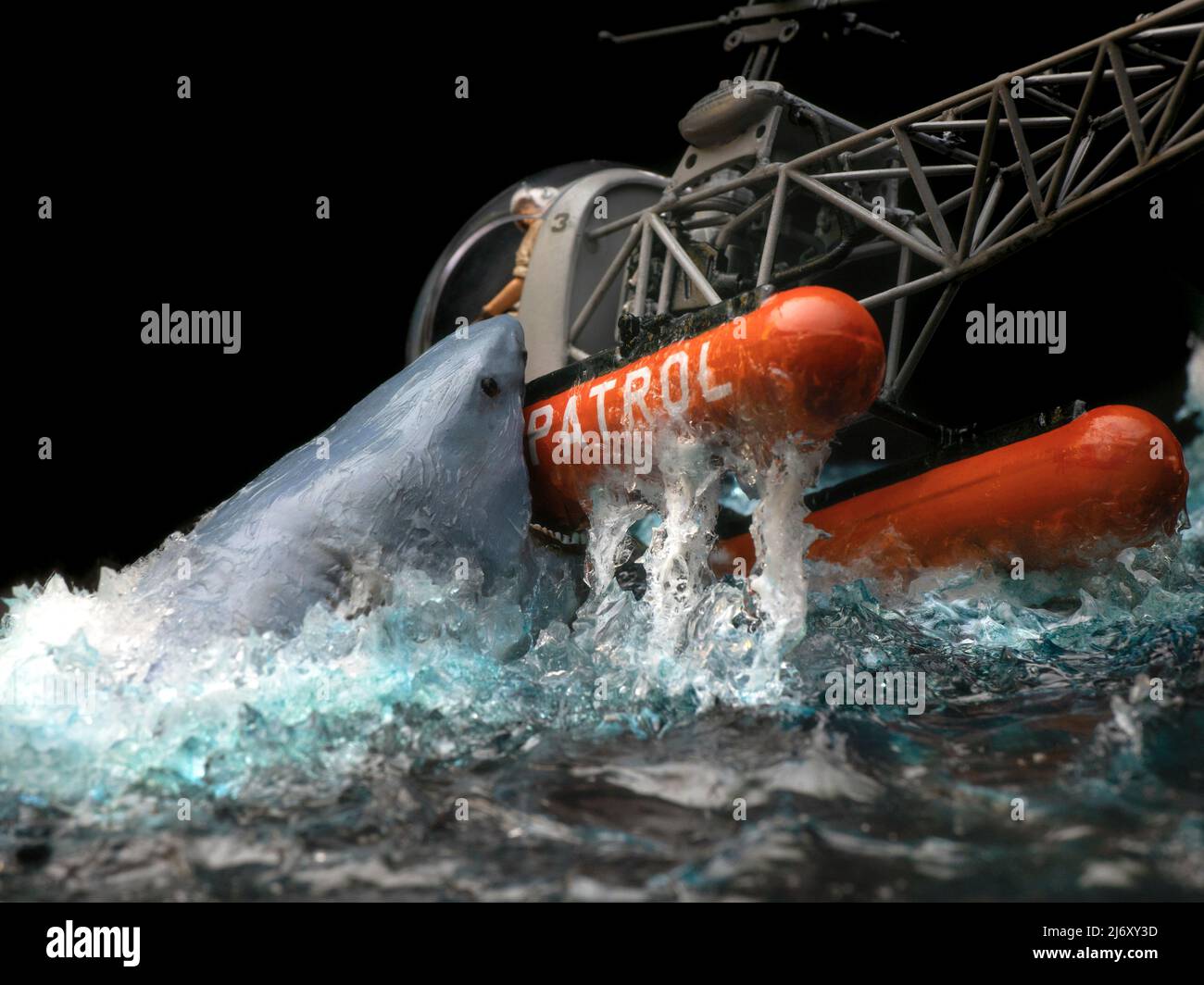 Jaws 2 attack against helicopter, copter, shark, diorama, movie, making of Stock Photo