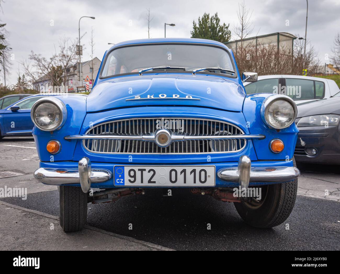 Bruntal, Czech Republic, 20.04.2022, Front view of vintage Skoda Octavia car in blue colour, which was produced in years 1959-1971 Stock Photo