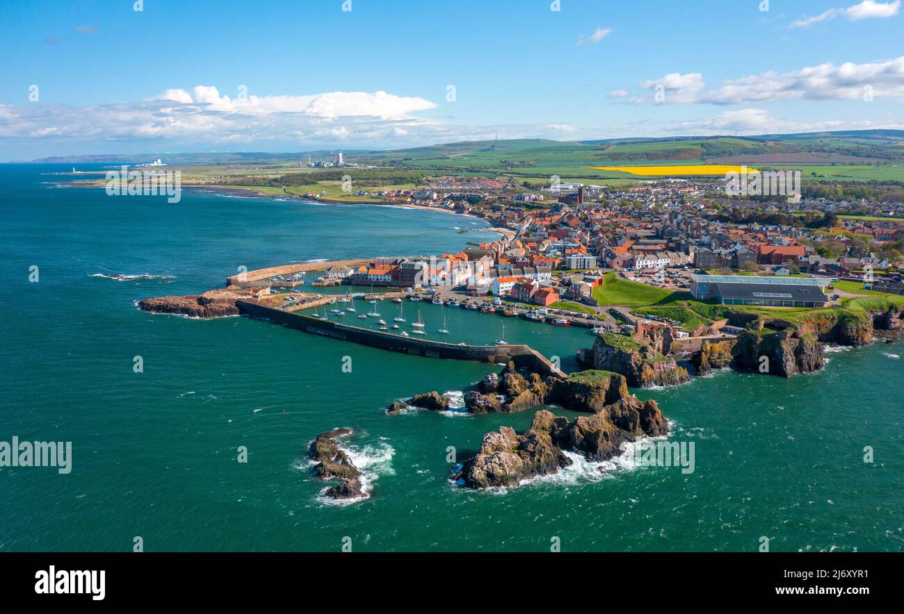 Aerial view of town and harbour at Dunbar in East Lothian, Scotland, Uk