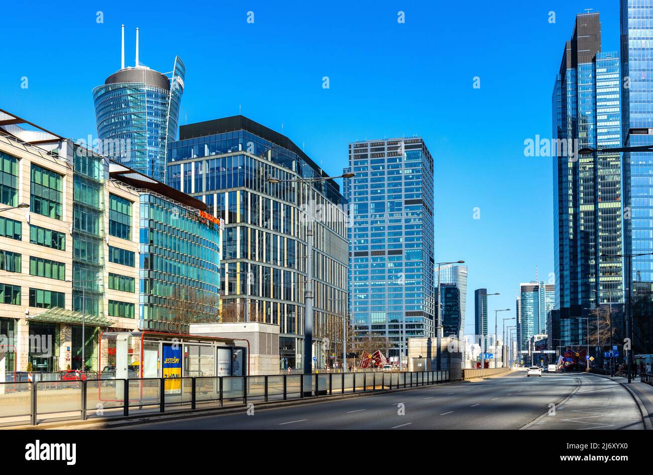 Warsaw, Poland - March 18, 2022: Wola business district of Warsaw city center with Proximo Park, Spire, Generation Park and Unit Spinnaker at Prosta s Stock Photo