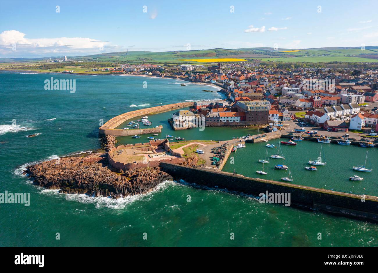 Aerial view of town and harbour at Dunbar in East Lothian, Scotland, Uk Stock Photo