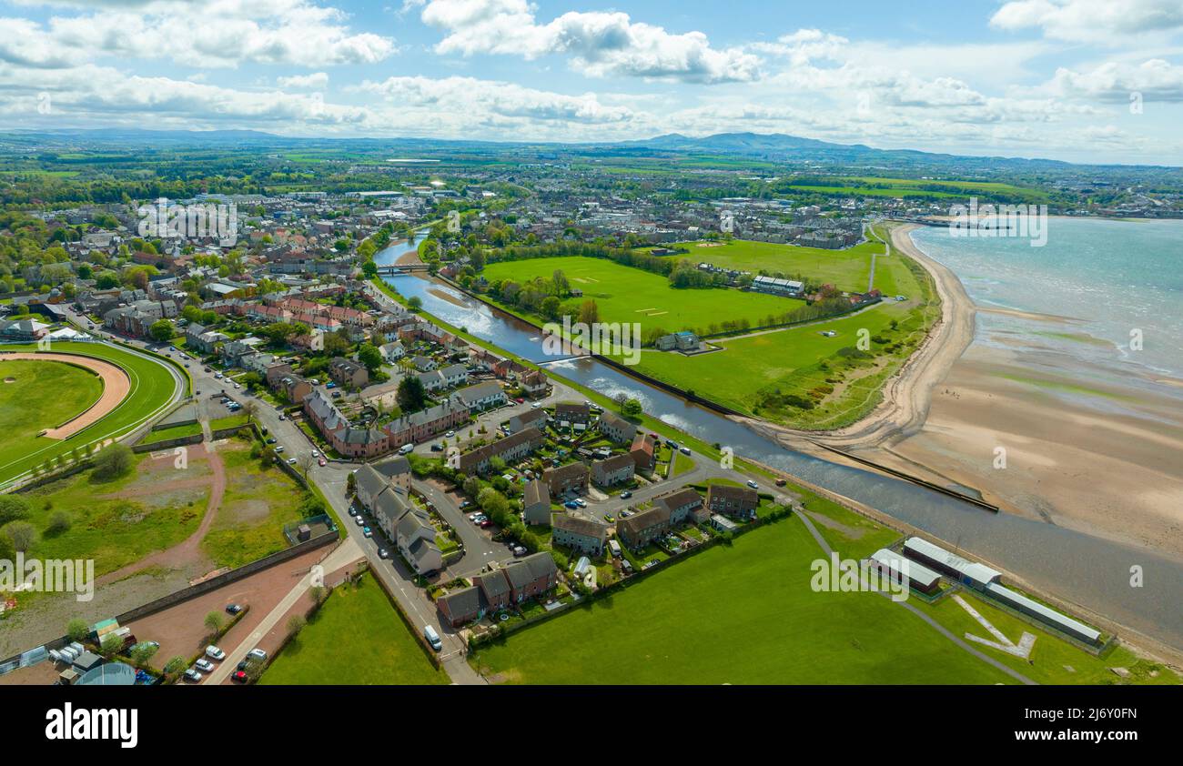 Aerial view from drone of River Esk in Musselburgh in East Lothian