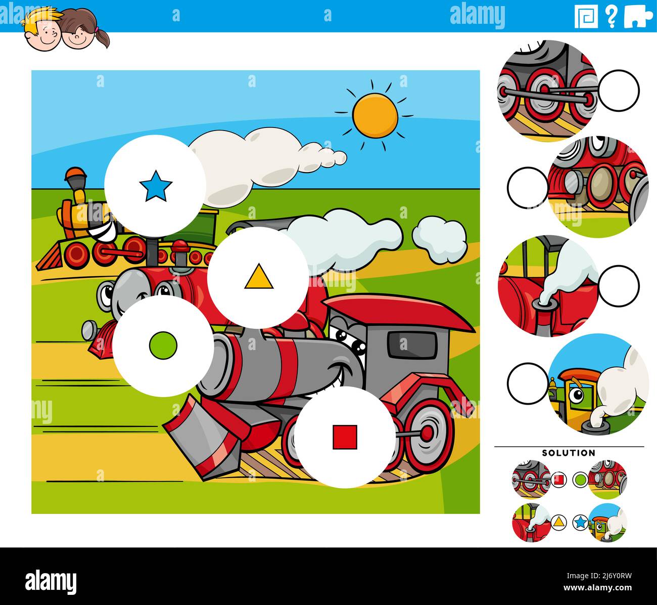 Cartoon illustration of educational match the pieces jigsaw puzzle game