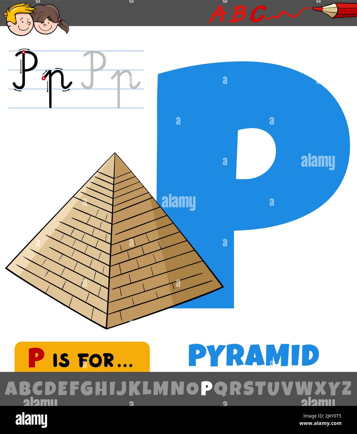 Educational cartoon illustration of letter P from alphabet with Egyptian pyramid Stock Vector