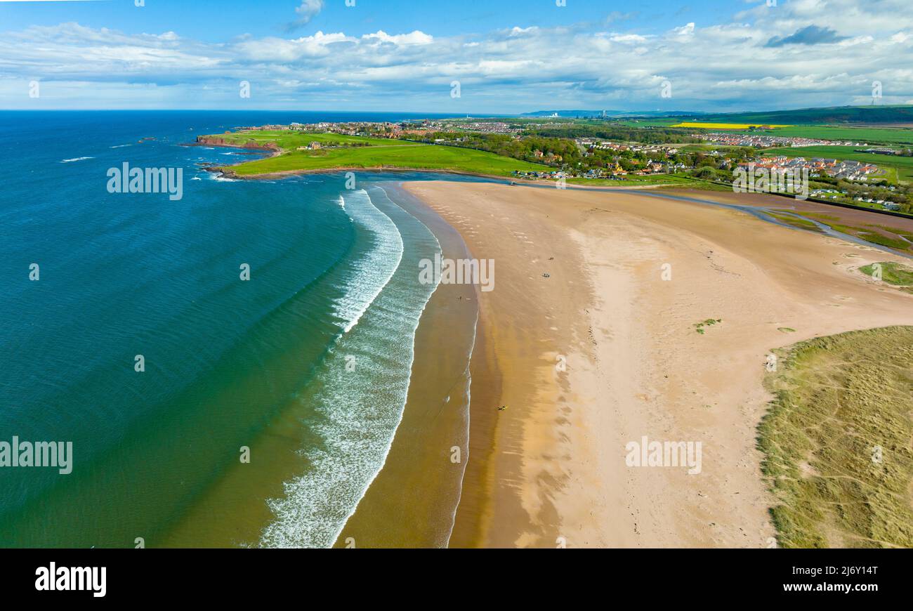 Aerial view of Belhaven Bay beach at Dunbar in East Lothian, Scotland, UK Stock Photo