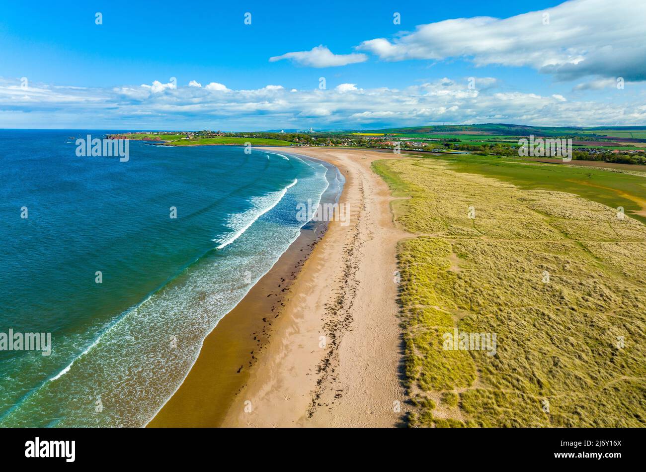 Aerial view of Belhaven Bay beach at Dunbar in East Lothian, Scotland, UK Stock Photo