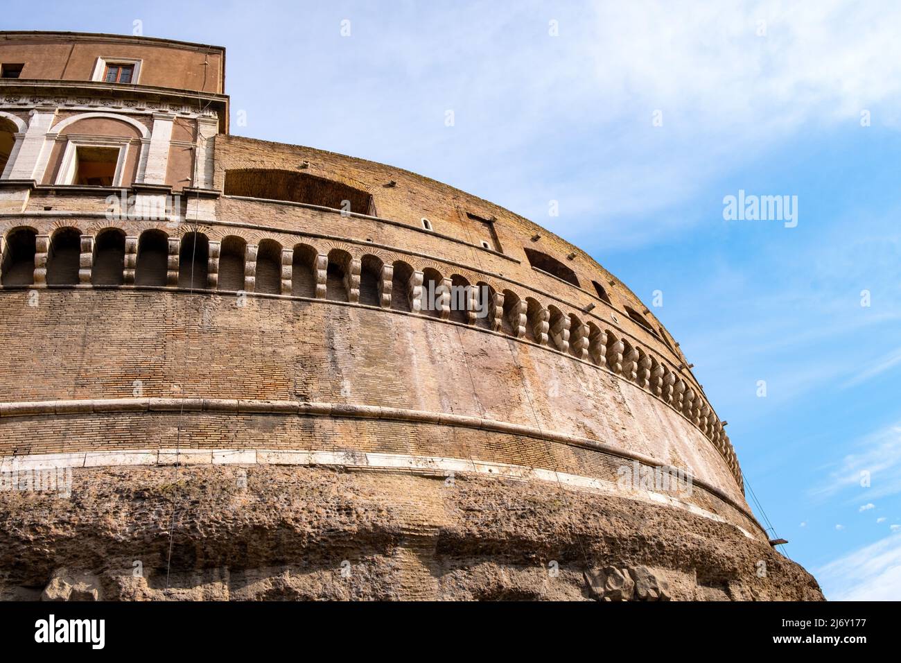 Rome, Italy - May 27, 2018: External walls of main rotunda of Castel Sant'Angelo mausoleum - Castle of the Holy Angel at Tiber river embankment in his Stock Photo