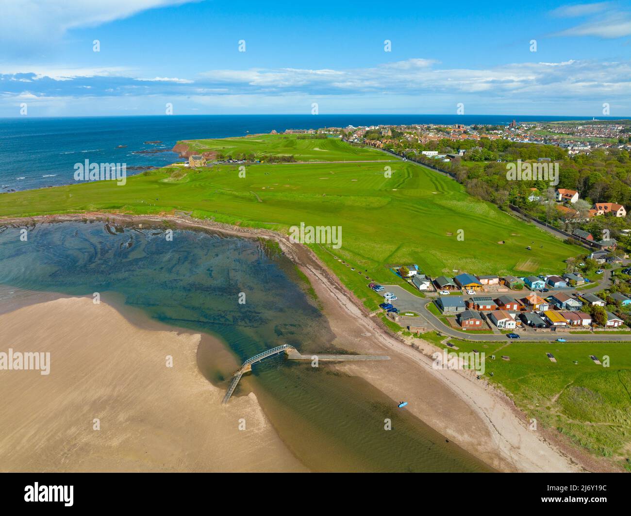 Aerial view of Belhaven Bridge over Biel Water and Winterfield Golf Club  in Dunbar, East Lothian, Scotland Stock Photo