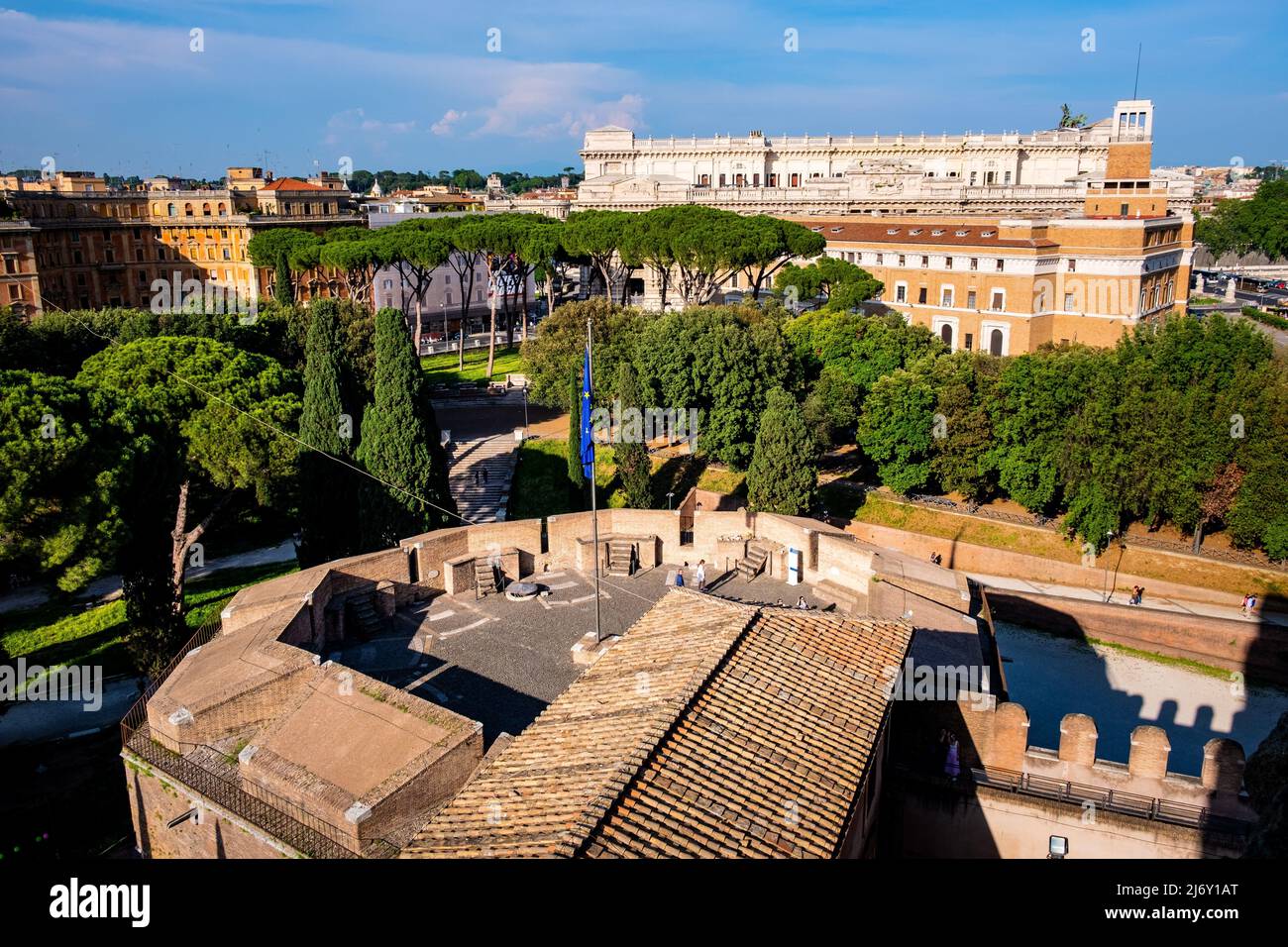 Rome, Italy - May 27, 2018: Bastion San Luca flanks and walls of Castel Sant'Angelo mausoleum - Castle of the Holy Angel at Tiber river embankment in Stock Photo