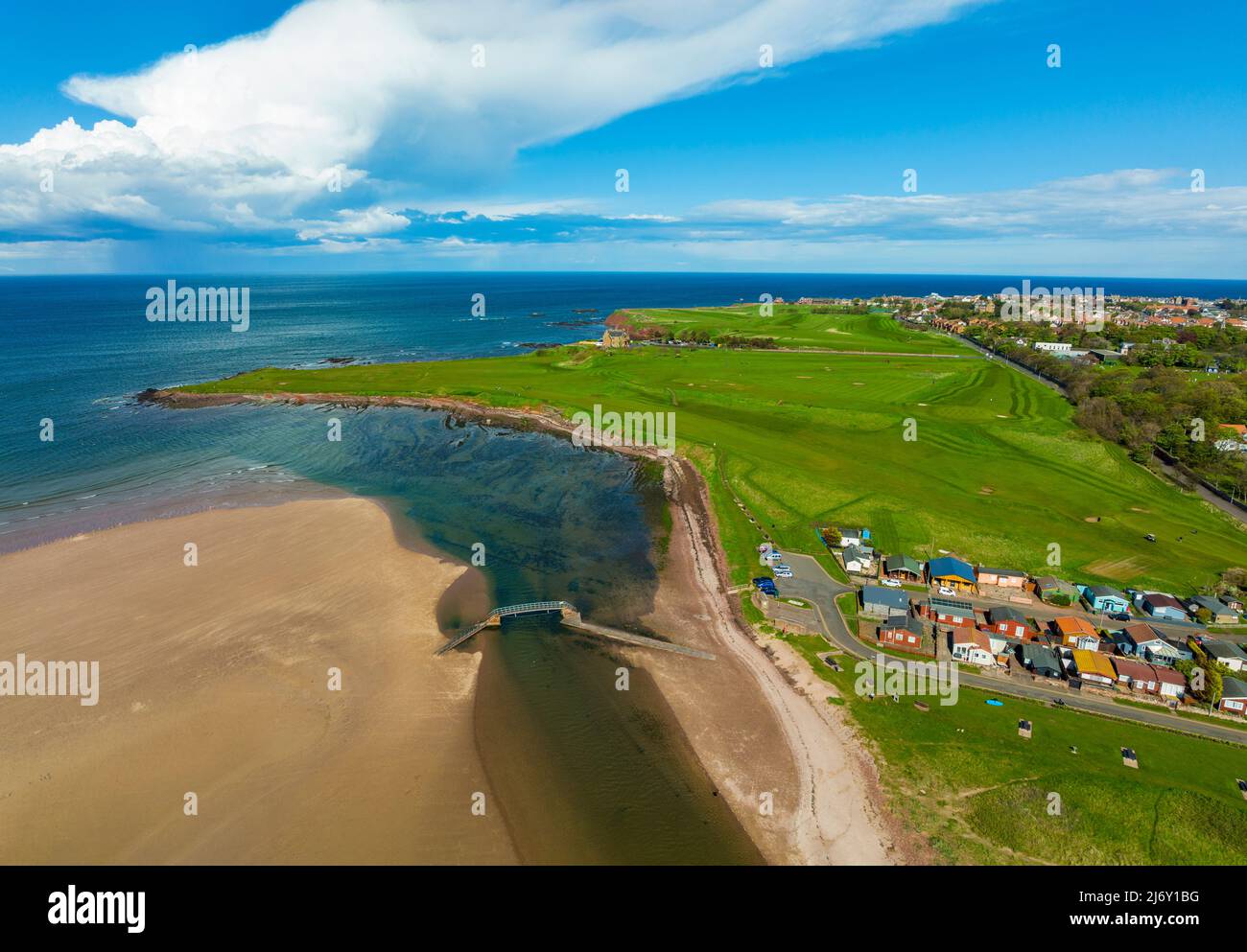 Aerial view of Belhaven Bridge over Biel Water and Winterfield Golf Club  in Dunbar, East Lothian, Scotland Stock Photo