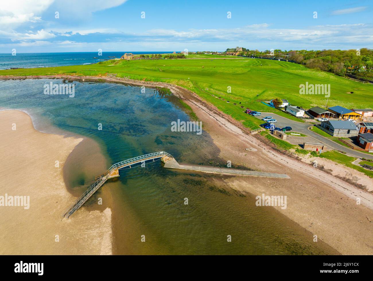 Aerial view of Belhaven Bridge over Biel Water and Winterfield Golf Club  in Dunbar, East Lothian, Scotland Stock Photo