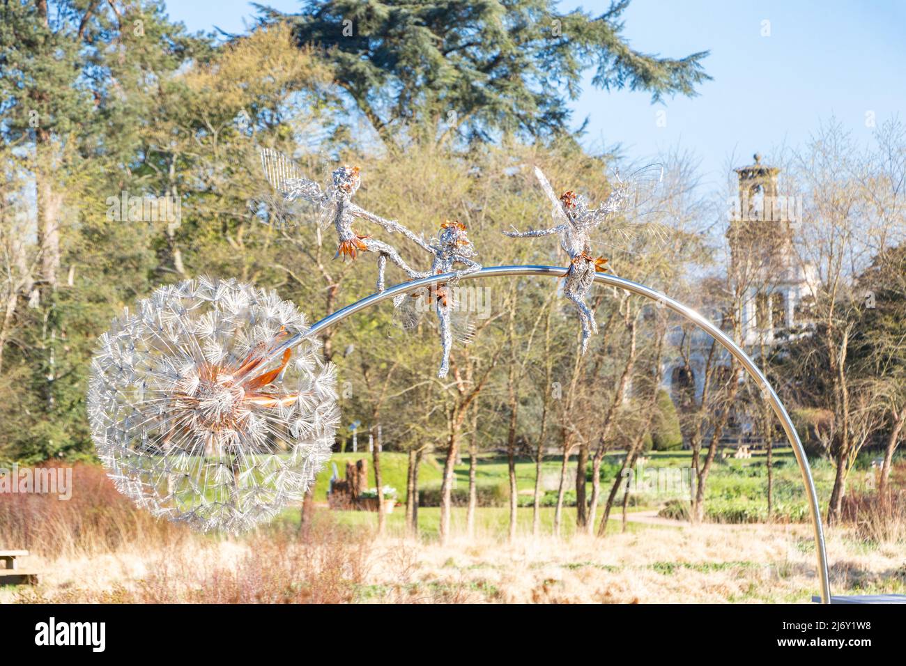 wire art sculpture of fairies and dandelions at Trentham gardens stoke