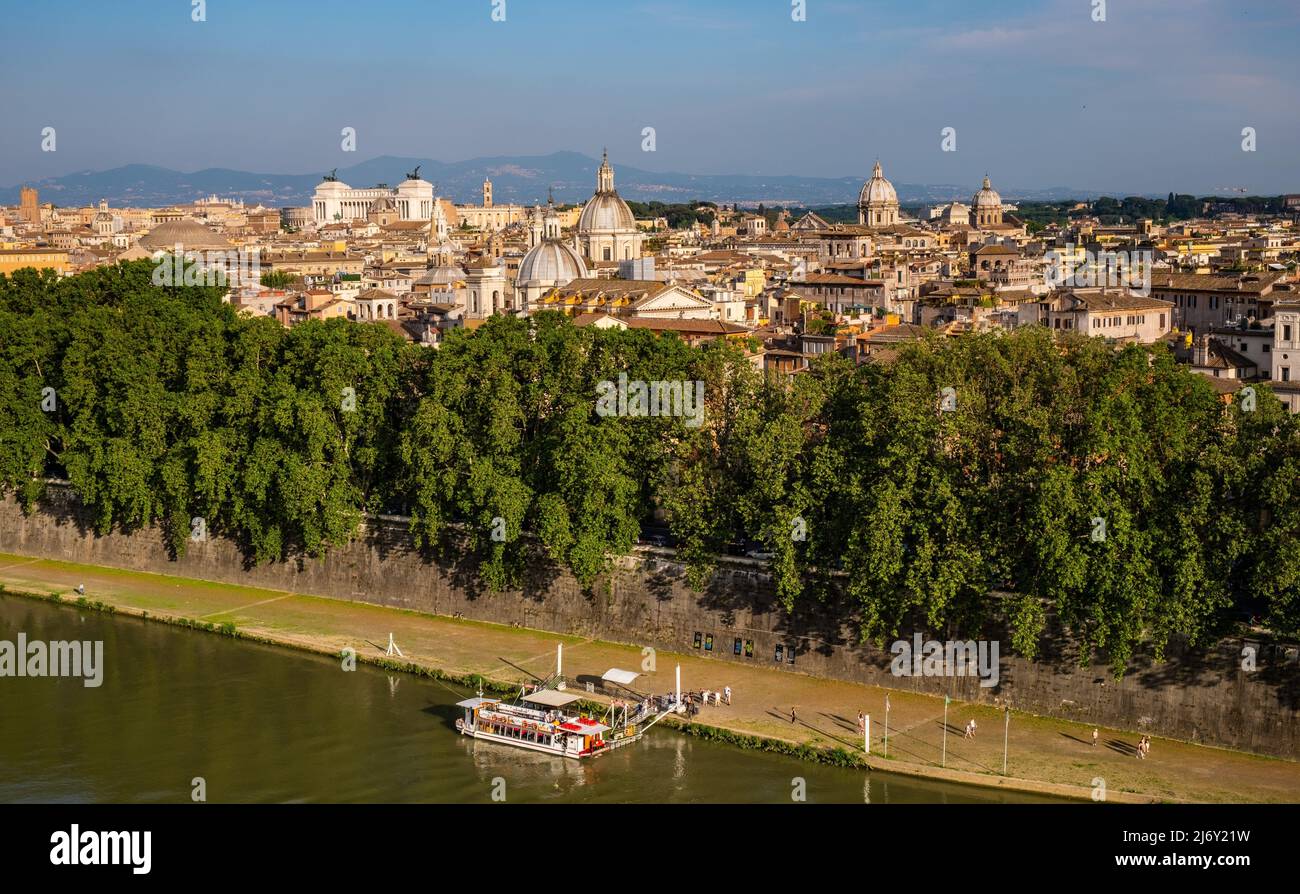 Rome, Italy - May 27, 2018: Panorama of historic center of Rome over Tiber river and Lungotevere Tor di Nona embankment aside Ponte Sant'Angelo Saint Stock Photo