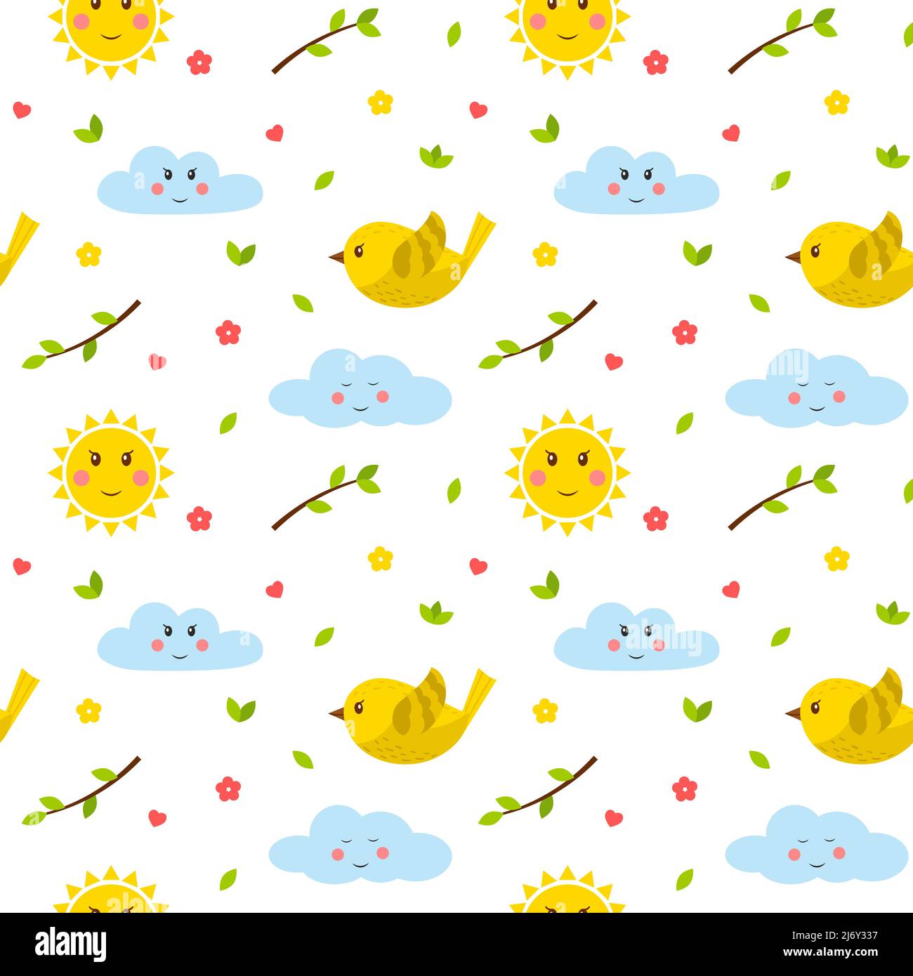 Seamless pattern with birds, twigs, sun and cloud. Cute cartoon flat vector elements. Children's pattern for textiles and packaging. on a transparent Stock Vector