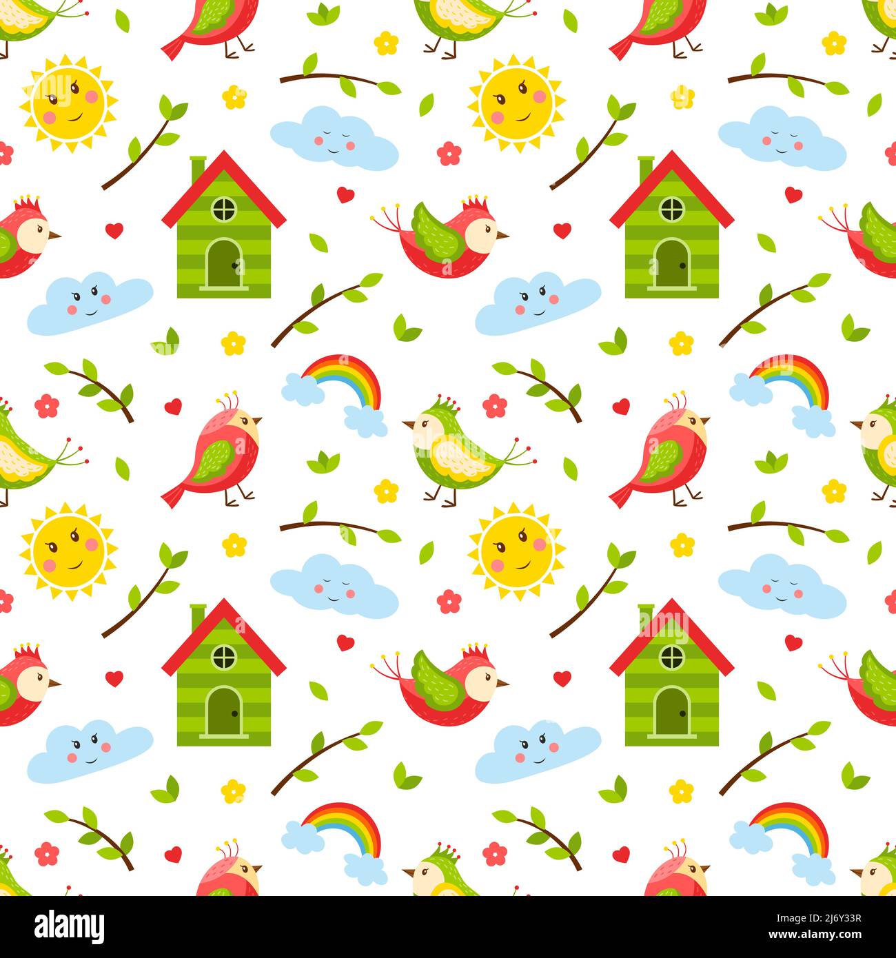 Seamless pattern with birds, twigs, birdhouse sun and cloud. Cute cartoon spring, summer flat vector elements. Children's pattern for textiles and pac Stock Vector