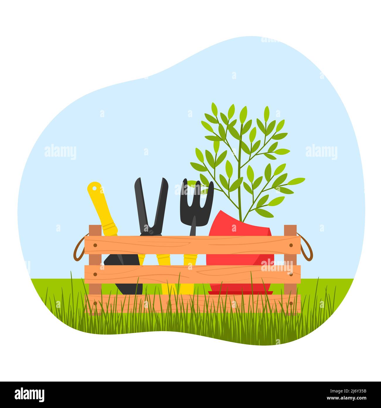 A wooden box with garden tools, pruning shears, a shovel and a ripper, and a planter with a home flower on the background of an abstract shape. Vector Stock Vector