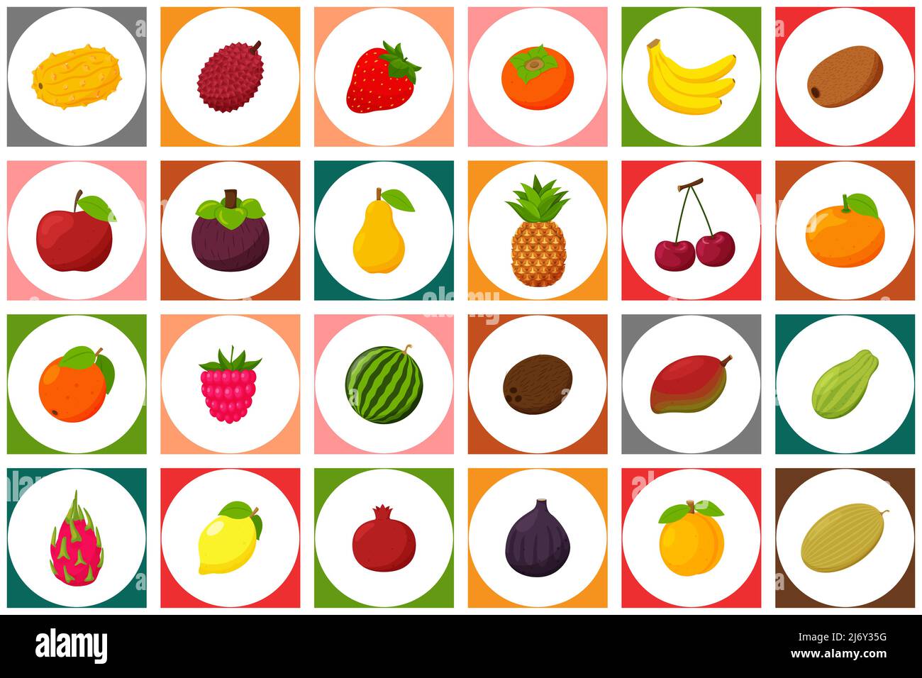A set of colored icons with fruits and berries. A white circle on a ...