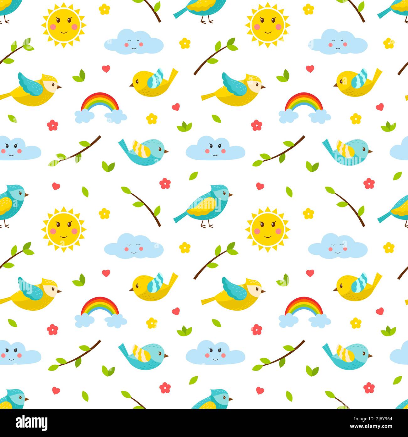 Seamless pattern with birds, twigs, rainbows, sun and cloud. Cute cartoon spring, summer flat vector elements. Children's pattern for textiles and pac Stock Vector