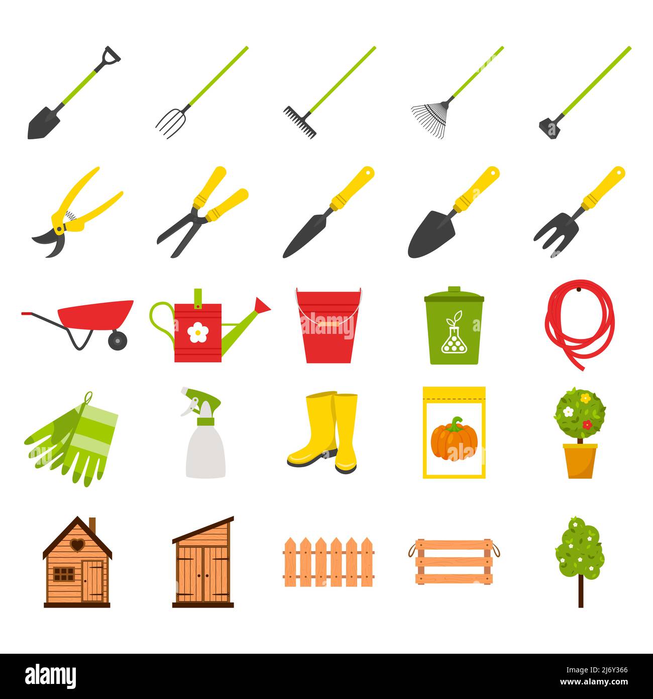 Set of icons on the theme of gardening and growing plants. Collection of rural, garden tools. Fence, box, Apple tree, seeds, fertilizers. Vector illus Stock Vector