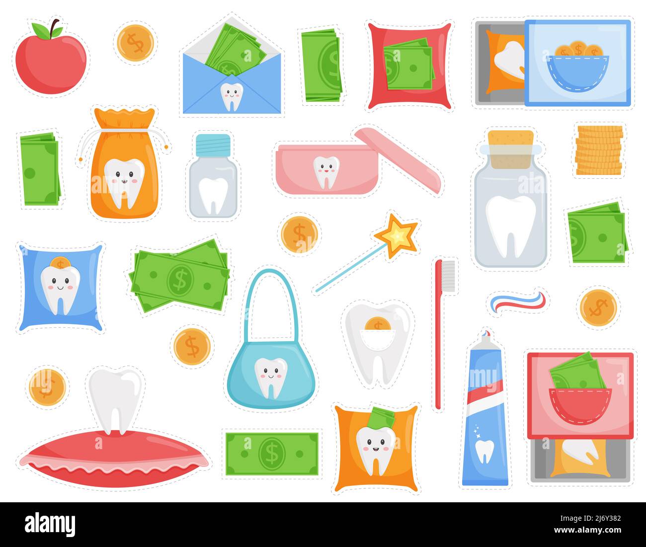 A set of stickers on the theme of a fallen tooth. The tooth is in a bag, boxes, cones, jars. Decorative elements for certificates. Children's dentistr Stock Vector