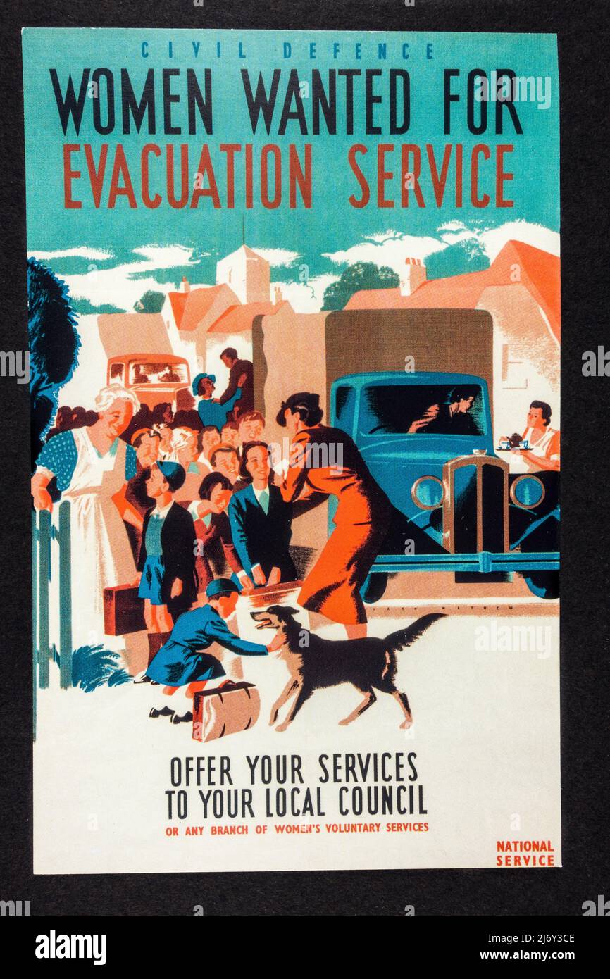'Women Wanted For Evacuation Service' WWII Civil Defence poster in memorabilia (replica) relating to children during WWII. Stock Photo
