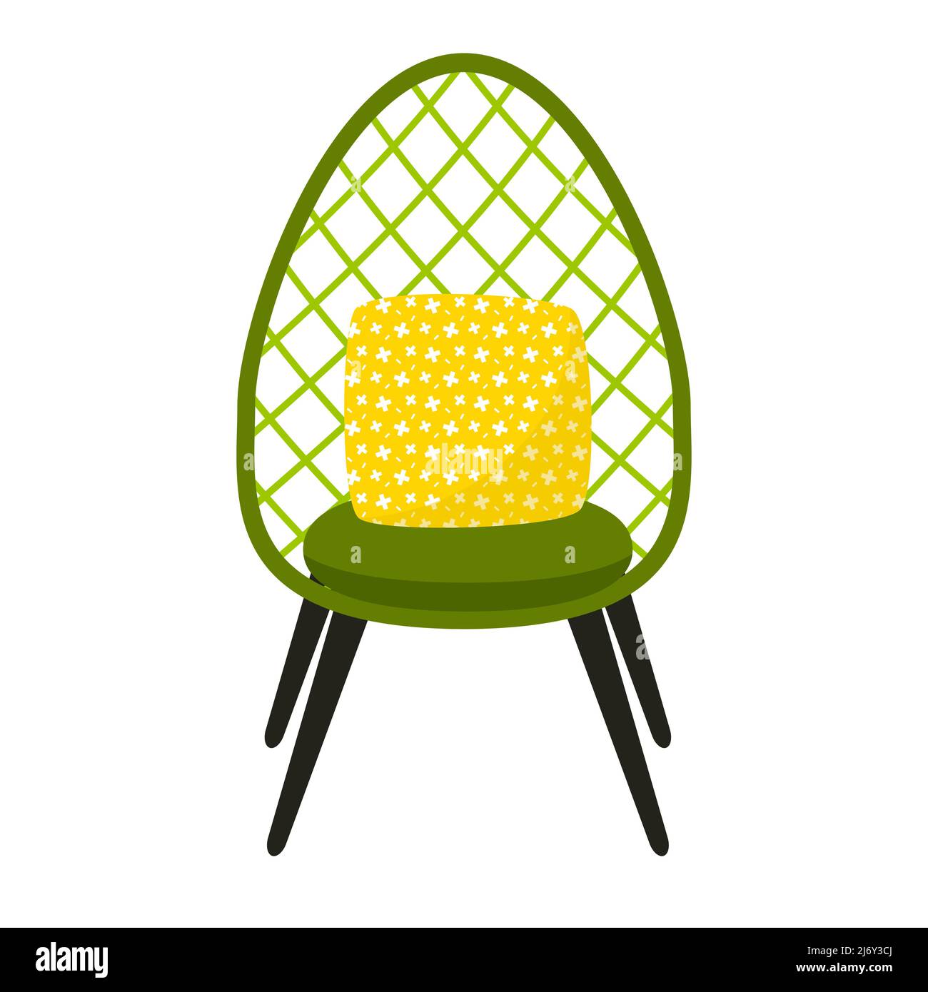 A summer garden chair with a mesh back and a cushion on black legs. A piece of furniture for home and street. Front view. Flat style. Vector illustrat Stock Vector