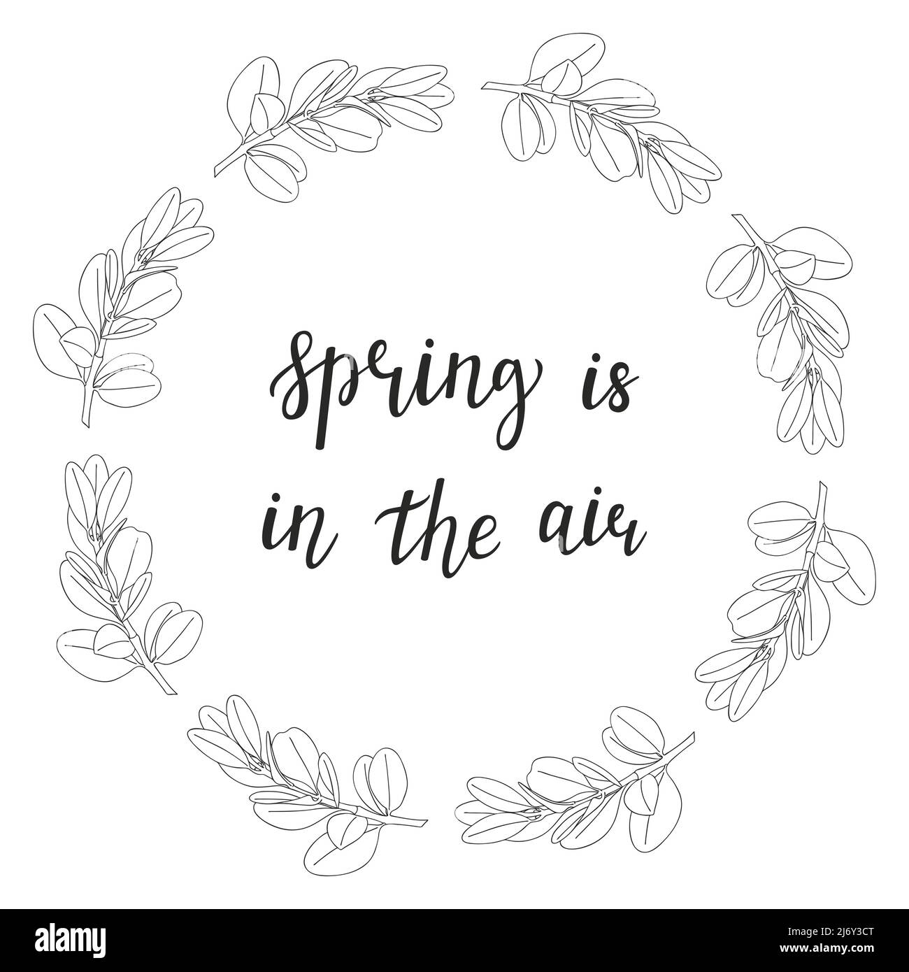 A round wreath of twigs with leaves in the doodle style and a ...
