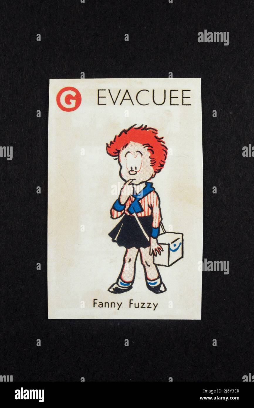 "Fanny Fuzzy", part of the" Vacuation" card game, a piece of replica memorabilia relating to children during WWII. Stock Photo