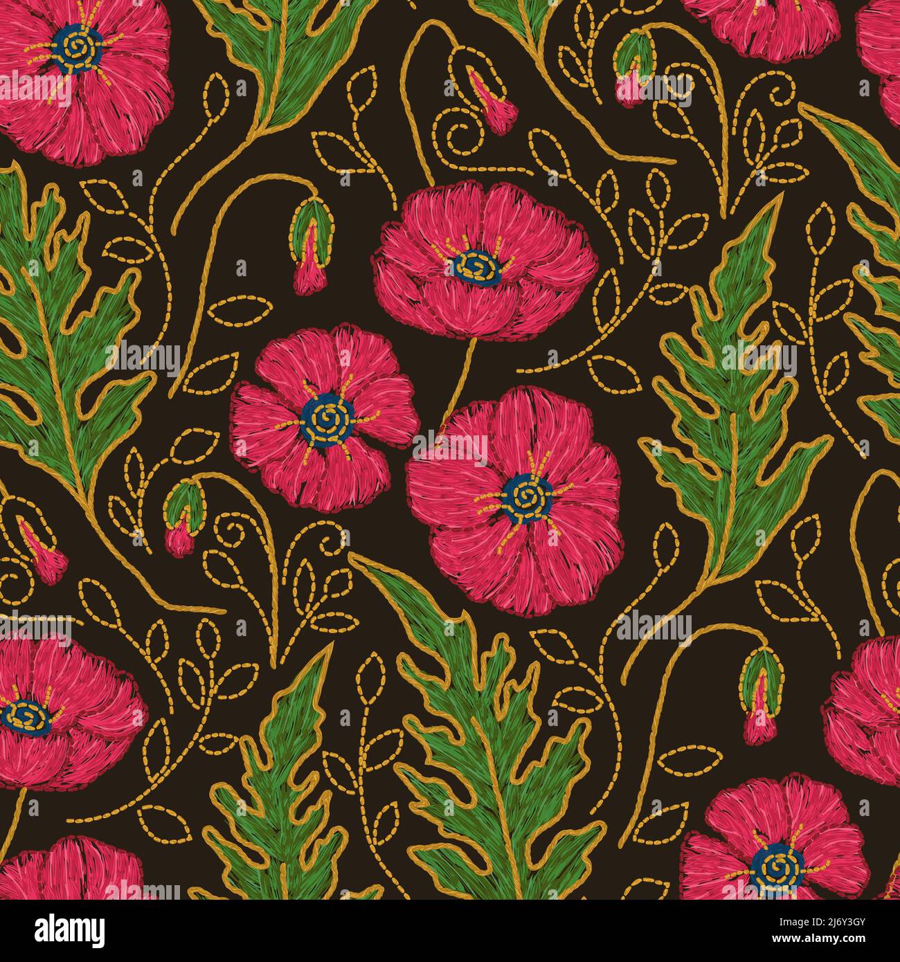 Ukrainian floral poppy flower embroidery seamless pattern. Vector ethnic illustration Stock Vector