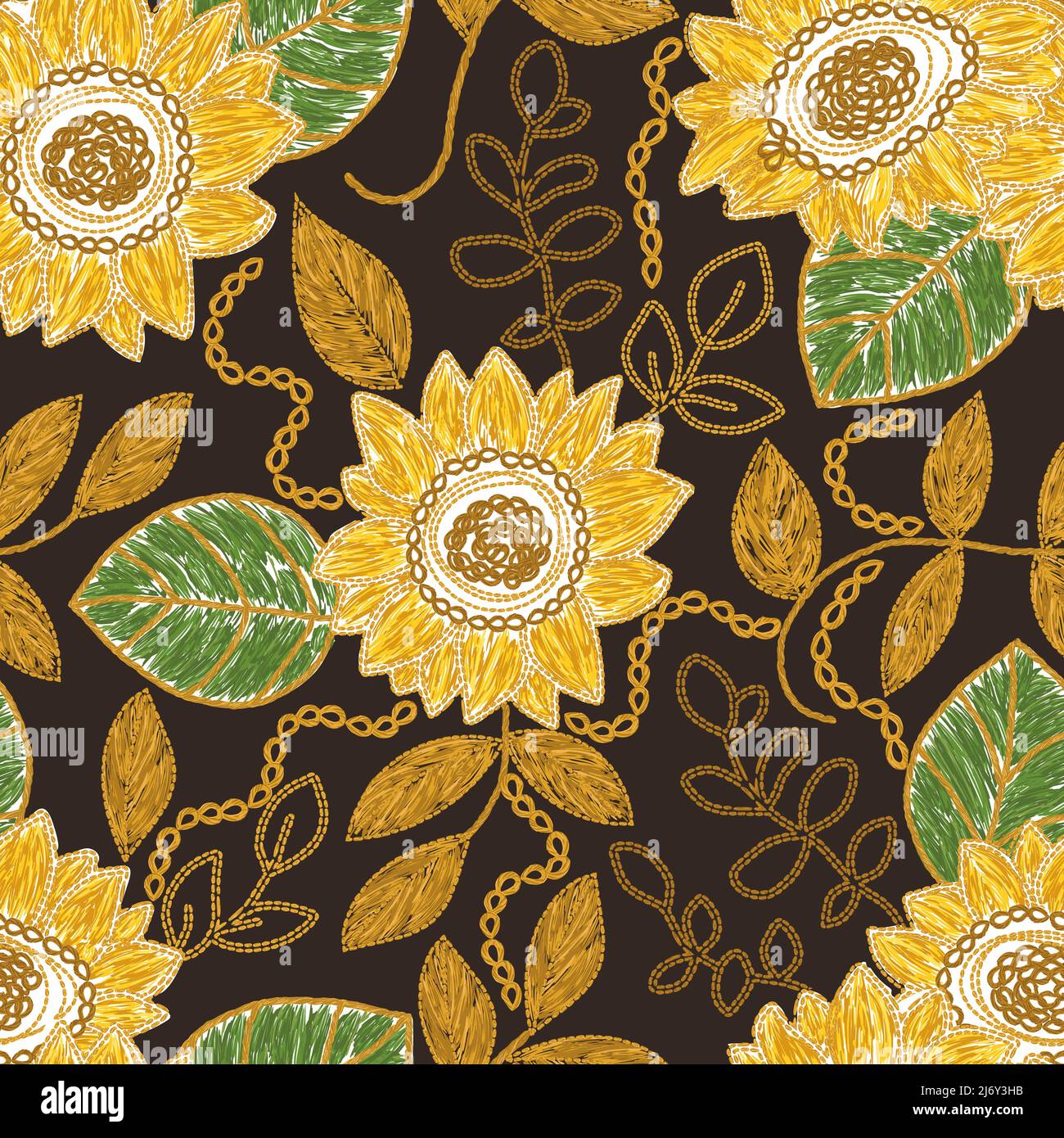 Ukrainian sunflower floral flower embroidery seamless pattern. Vector ethnic illustration Stock Vector