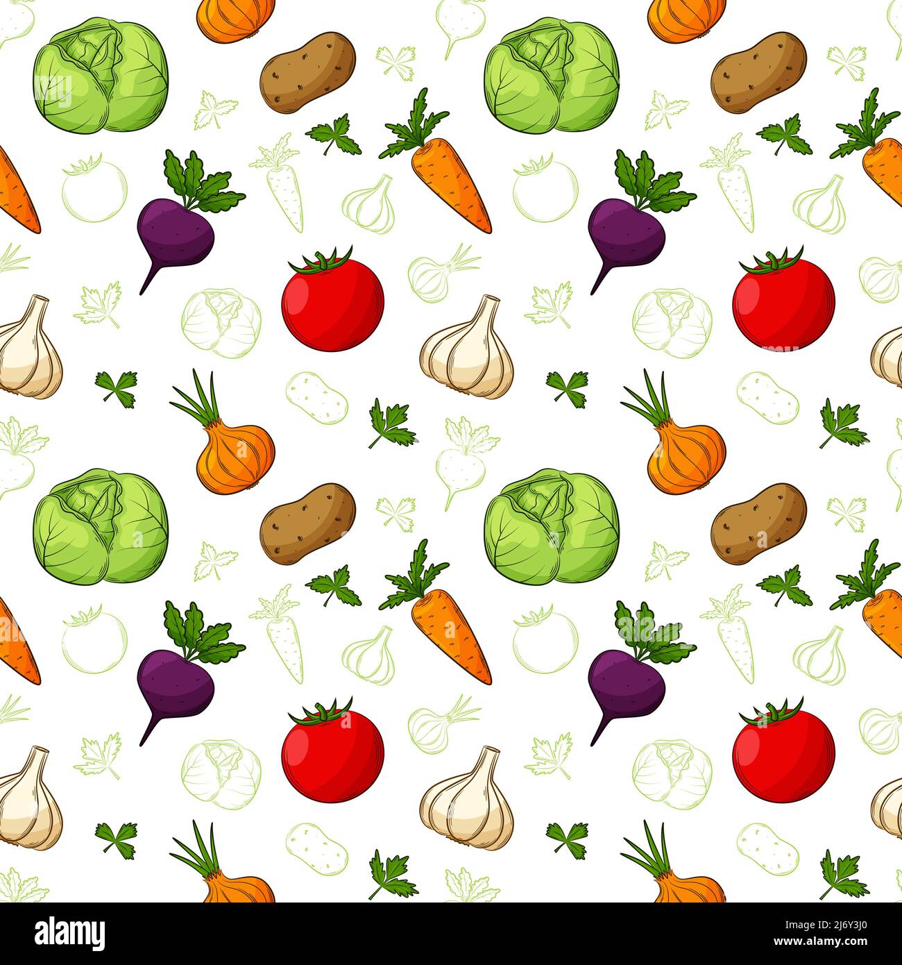 Seamless pattern with vegetables in a linear, hand-drawn style. Bright vegetables. A combination of colored and outlined elements. Vector illustration Stock Vector