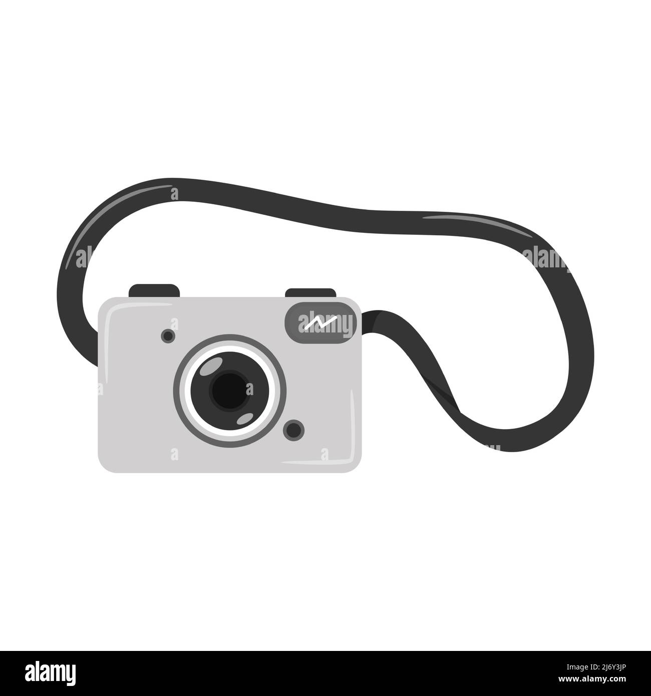 Grey digital SLR camera with belt. Optical electronic equipment. A symbol of travel, vacation, hobby. A design element. Flat color vector illustration Stock Vector