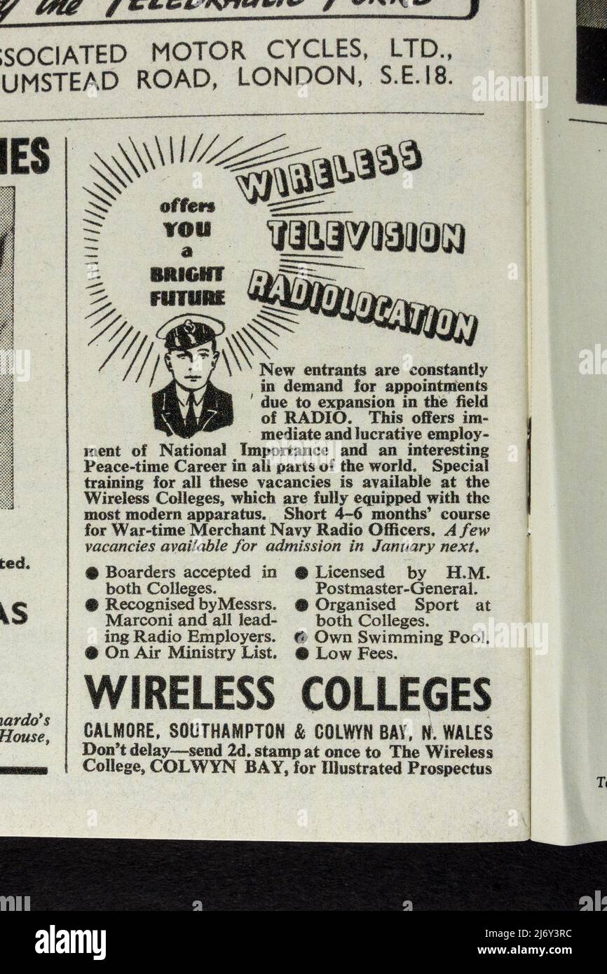 Advert for 'Wireless Colleges' in memorabilia (replica) relating to children during WWII. Stock Photo