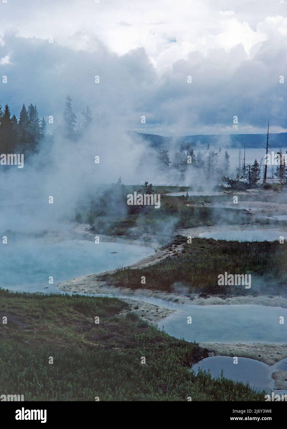 Steam rises from super heated thermal pools in Wyoming's Yellowstone National Park. Stock Photo