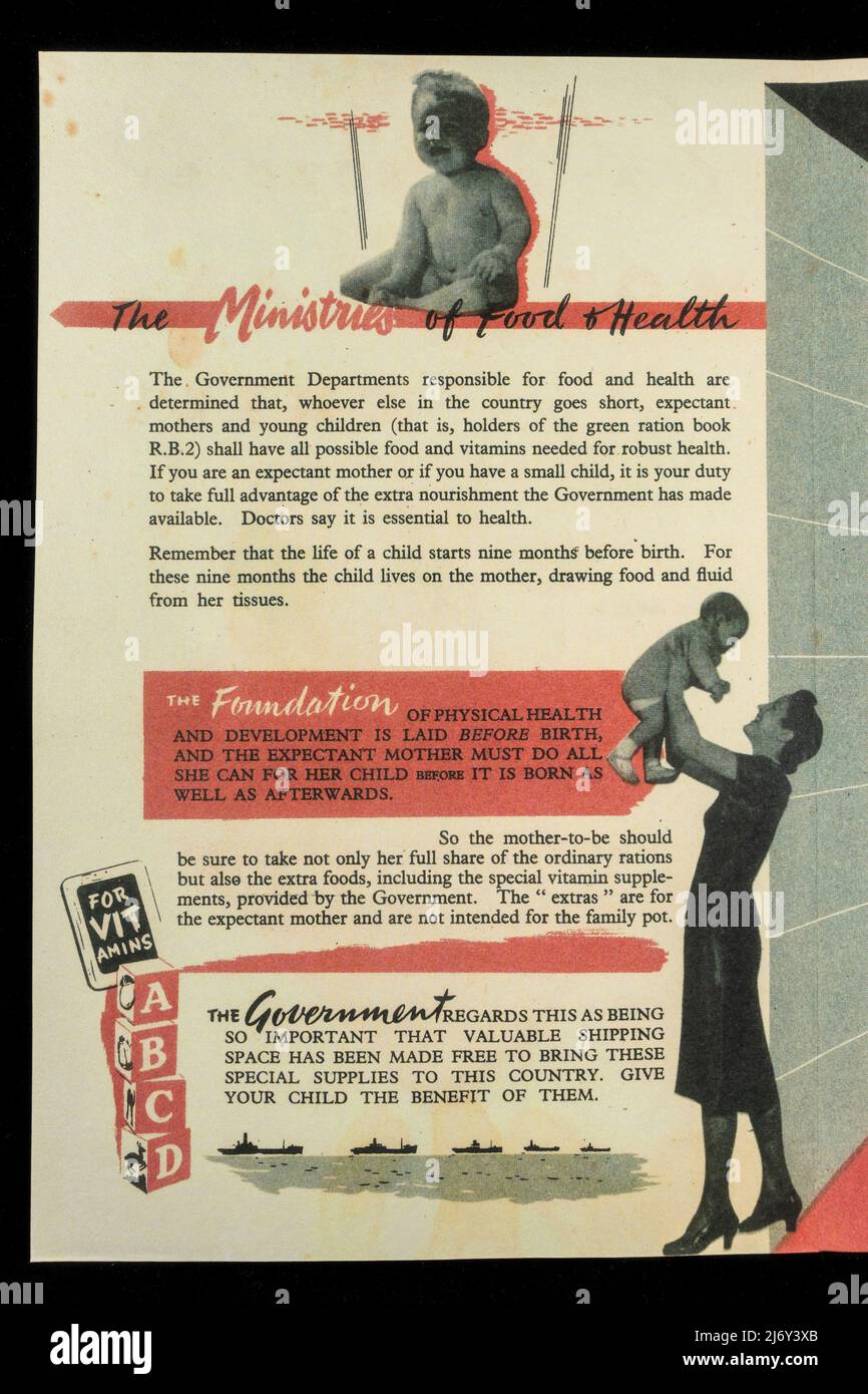 'Extras Needed by Mother and Child in Wartime' information booklet (replica) by the Ministries of Food and Health in Sept 1944 during WWII.. Stock Photo