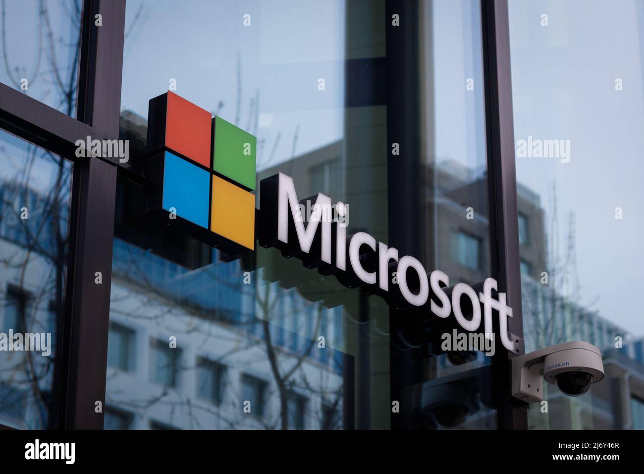 Oslo, Norway. May 01, 2021 Microsoft logo at office building, sign