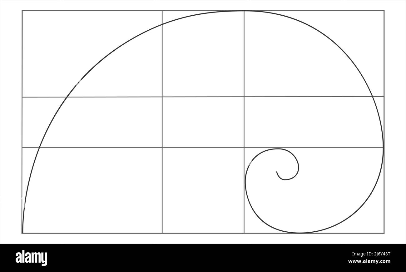 Golden ratio sign. Logarithmic spiral in rectangle. Fibonacci Sequence. Nautilus shell shape. Perfect nature symmetry proportions template for photography. Vector graphic illustration Stock Vector
