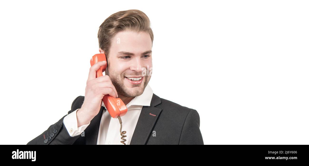 Hes retro cool. Happy boss on vintage telephone. Old-fashioned communication. Retro connection Stock Photo