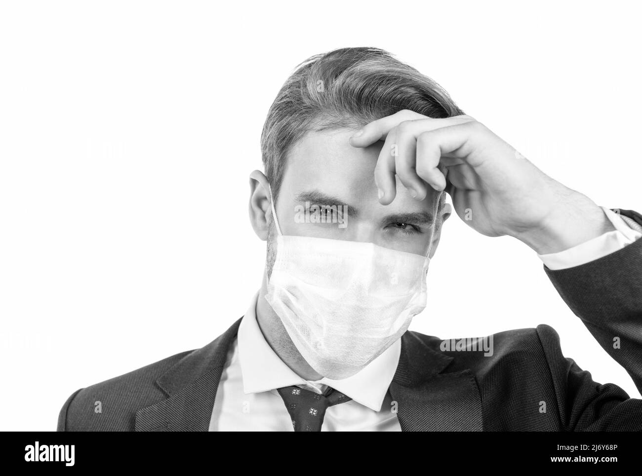 man in medical protection mask isolated on white, copy space, coronavirus Stock Photo