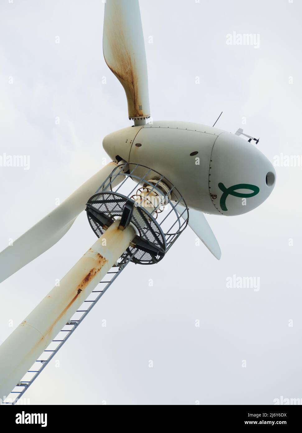 An old, small downwind wind turbine (Endurance E4660 85kW) showing