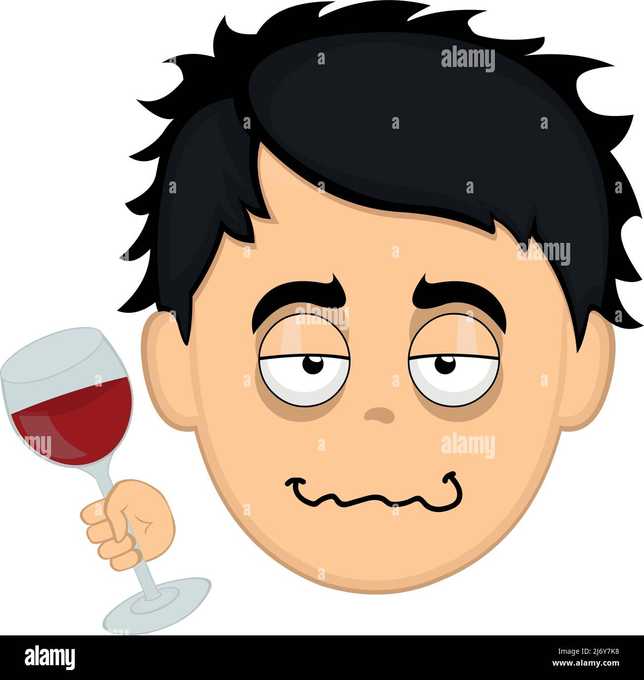 Vector illustration of the face of a drunk cartoon man with a glass of wine in his hand Stock Vector