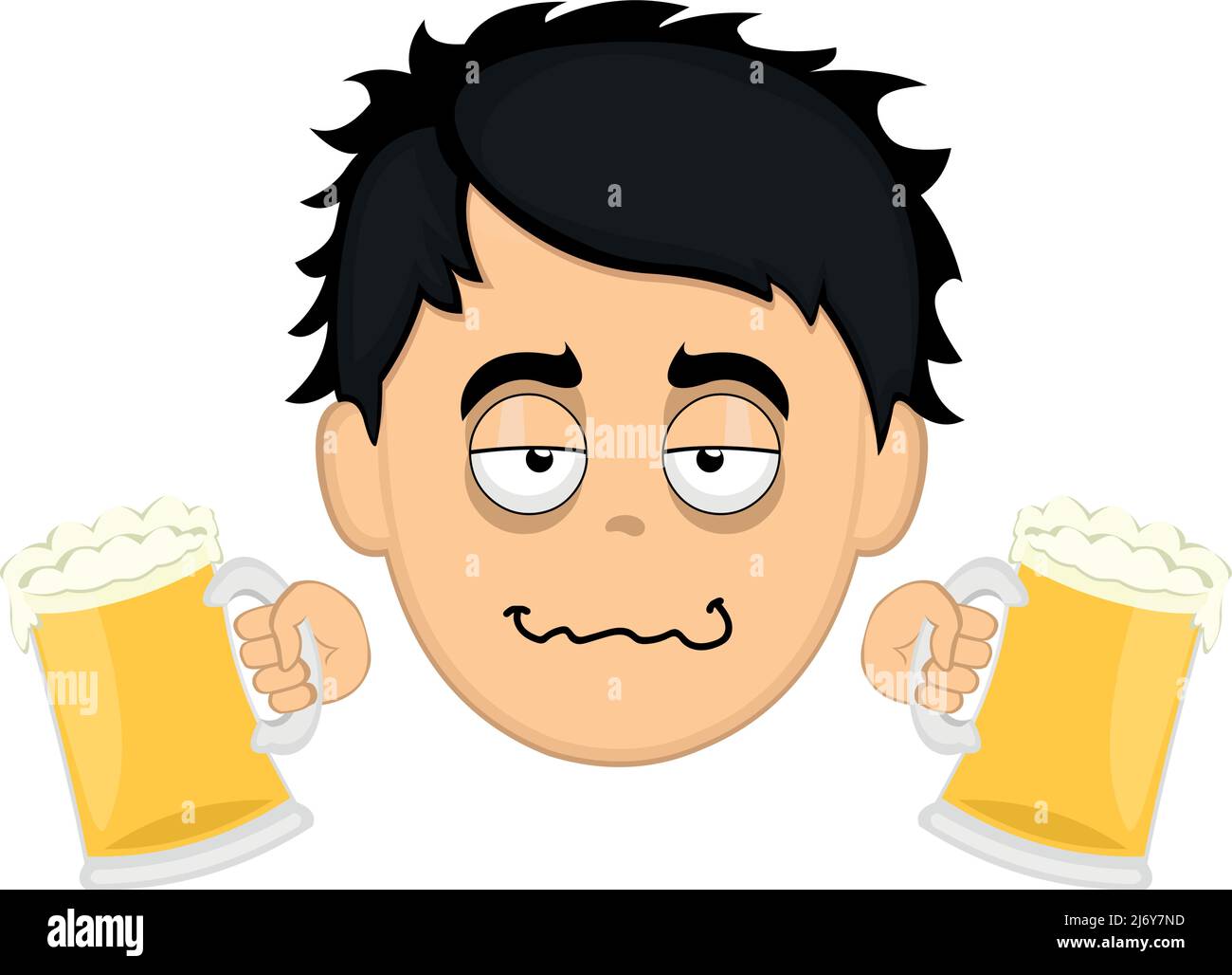 Vector illustration of the face of a drunk cartoon man with beers in his hands Stock Vector