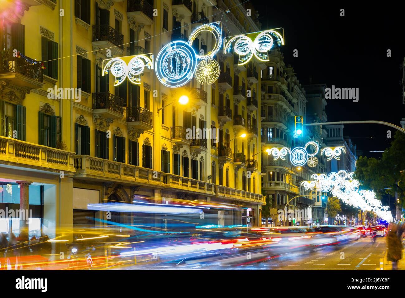 Night view of Barcelona street in winter Stock Photo