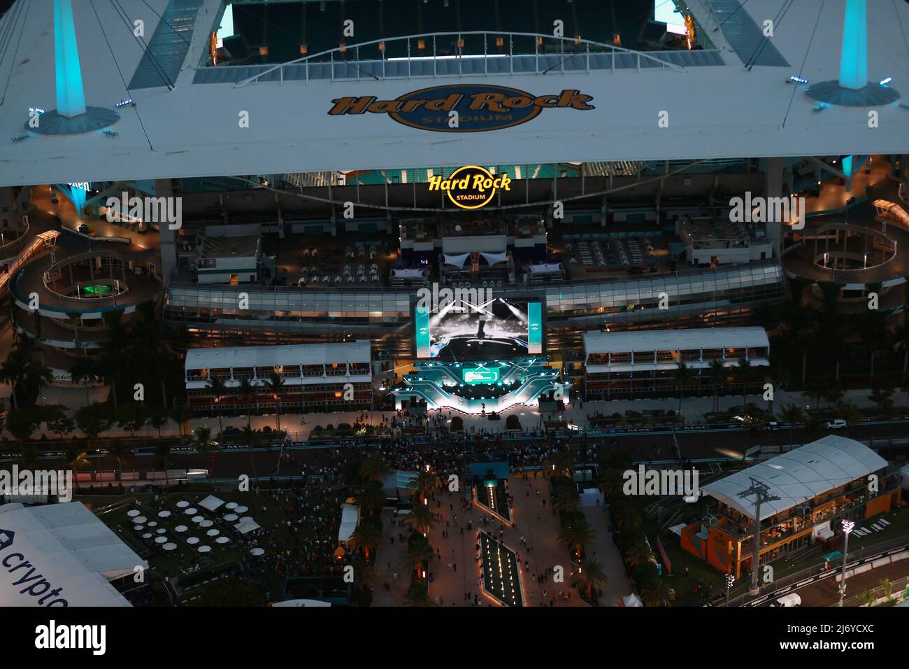 MIAMI, FL - MAY 4: Aerial evening view of the area surrounding the Hard Rock Stadium for this weekend's Formula 1 Crypto.com Miami Grand Prix in Miami, Florida on May 4, 2022. Credit: mpi34/MediaPunch Stock Photo